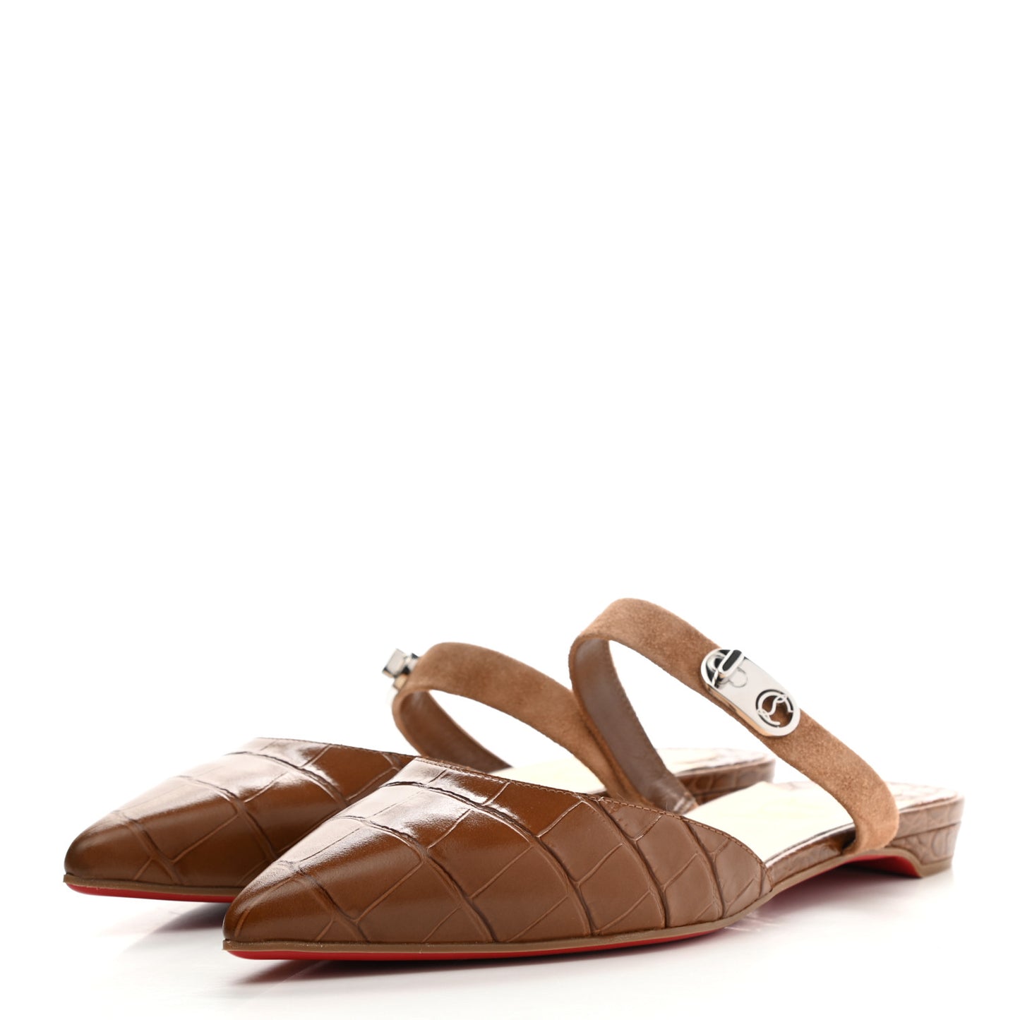 Calfskin Crocodile Embossed Choc Lock Flats 37 Biscotto