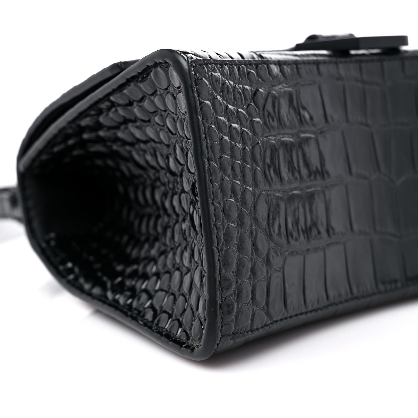 Shiny Calfskin Monochrome Crocodile Embossed Small Hourglass Top Handle Bag Black