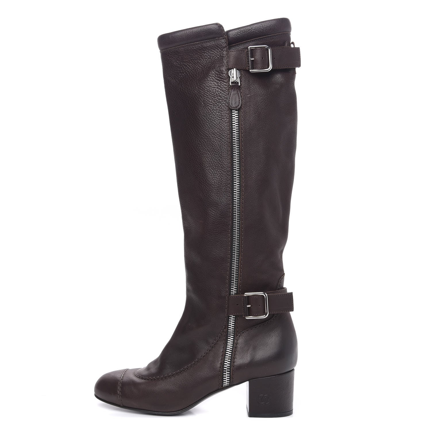 Chanel Calfskin Zipper Buckle Knee High Tall Boots 40 Brown 1 of 9