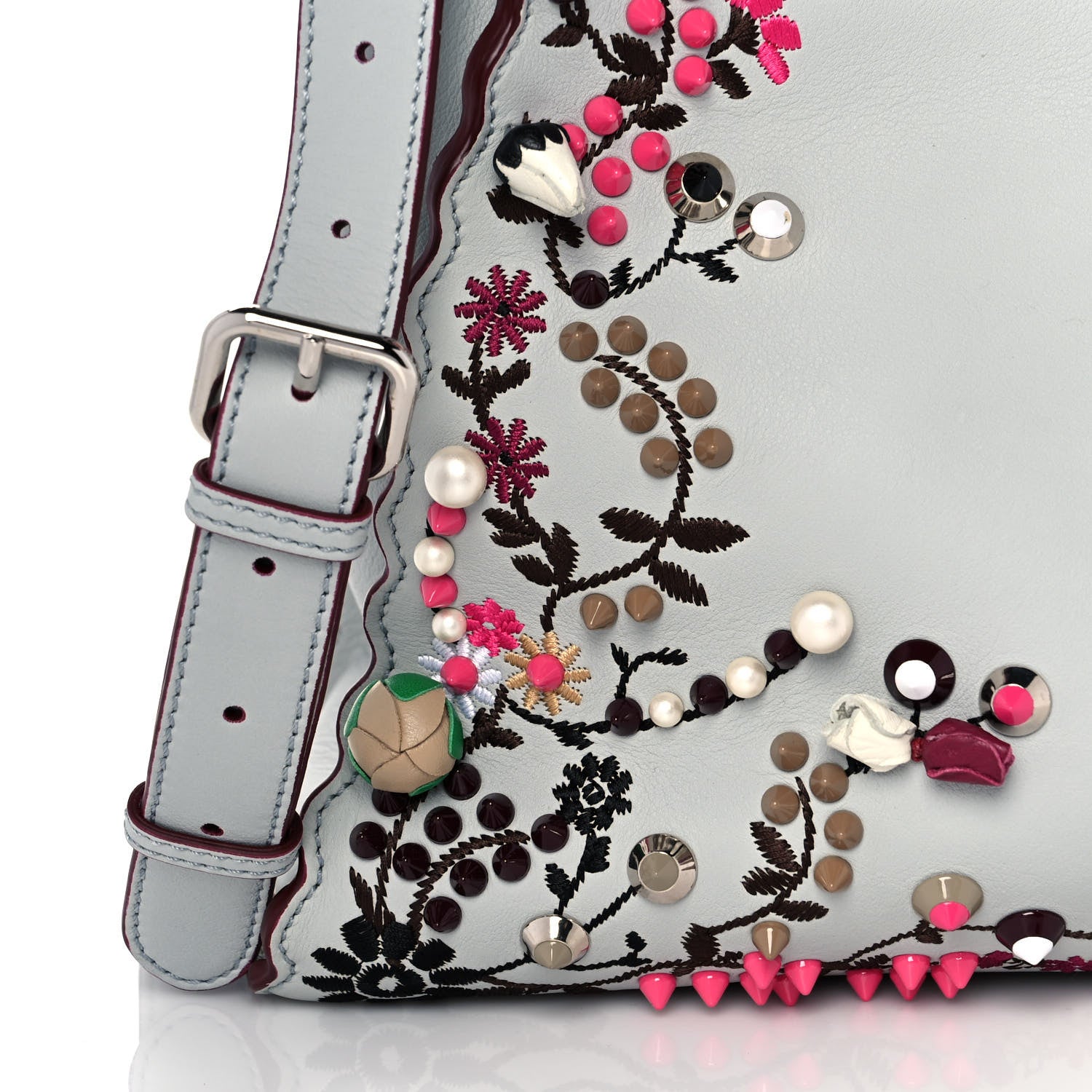 Fendi Vitello Seta Shiny Nappa Pearl Scalloped Studded Floral Embroidered Medium Peekaboo Iconic Satchel Grigio Perla Multicolor 11 of 18