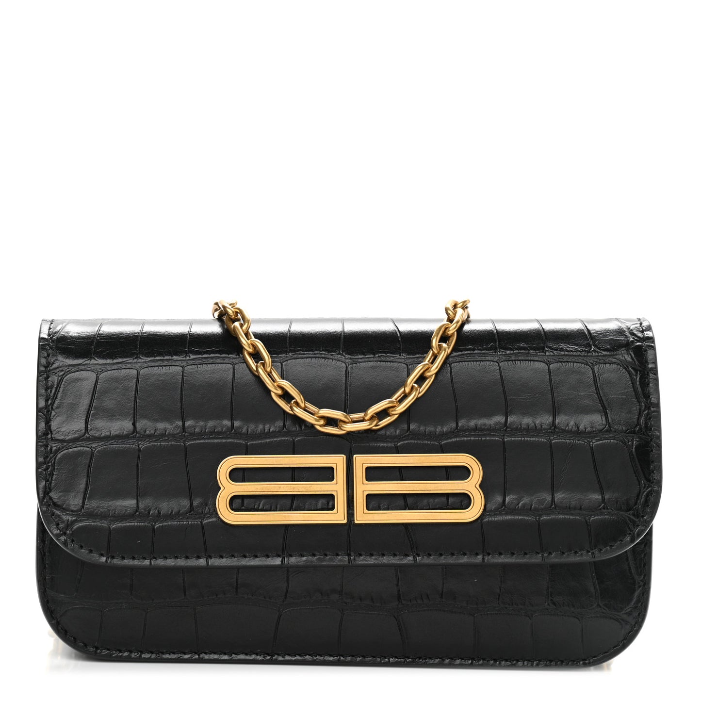 Extra Supple Calfskin Crocodile Embossed Gossip Wallet On Chain Black