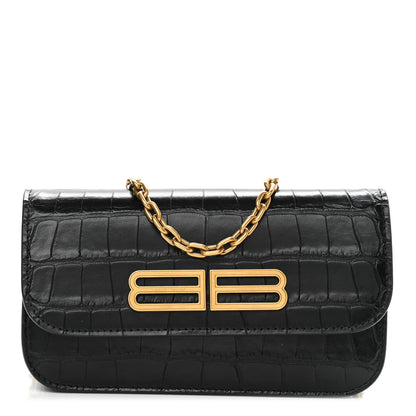 Balenciaga Extra Supple Calfskin Crocodile Embossed Gossip Wallet On Chain Black 1 of 10