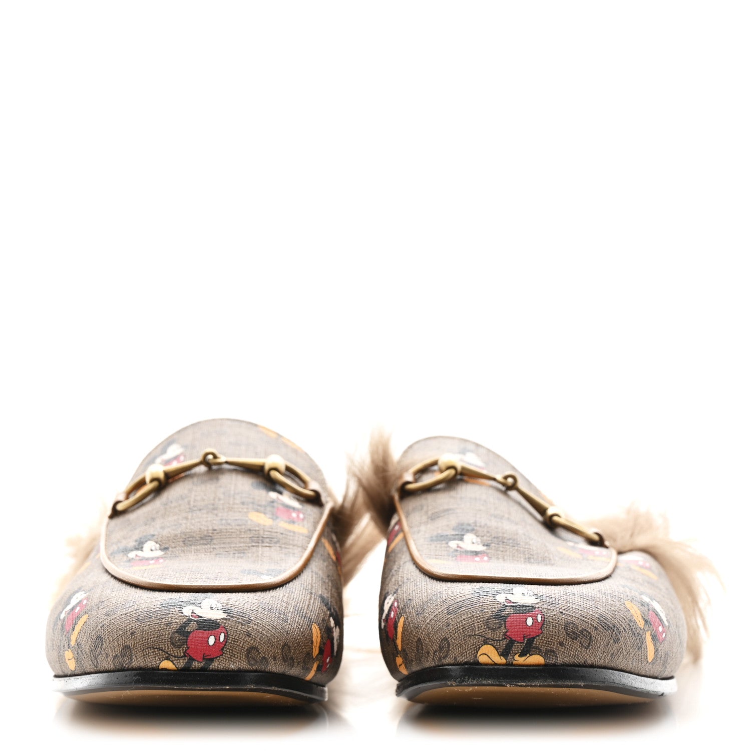 Gucci X DISNEY Mini Vintage GG Supreme Monogram Mickey Mouse Fur Womens Princetown Slippers 38 Beige Vintage Sun Oil 3 of 9
