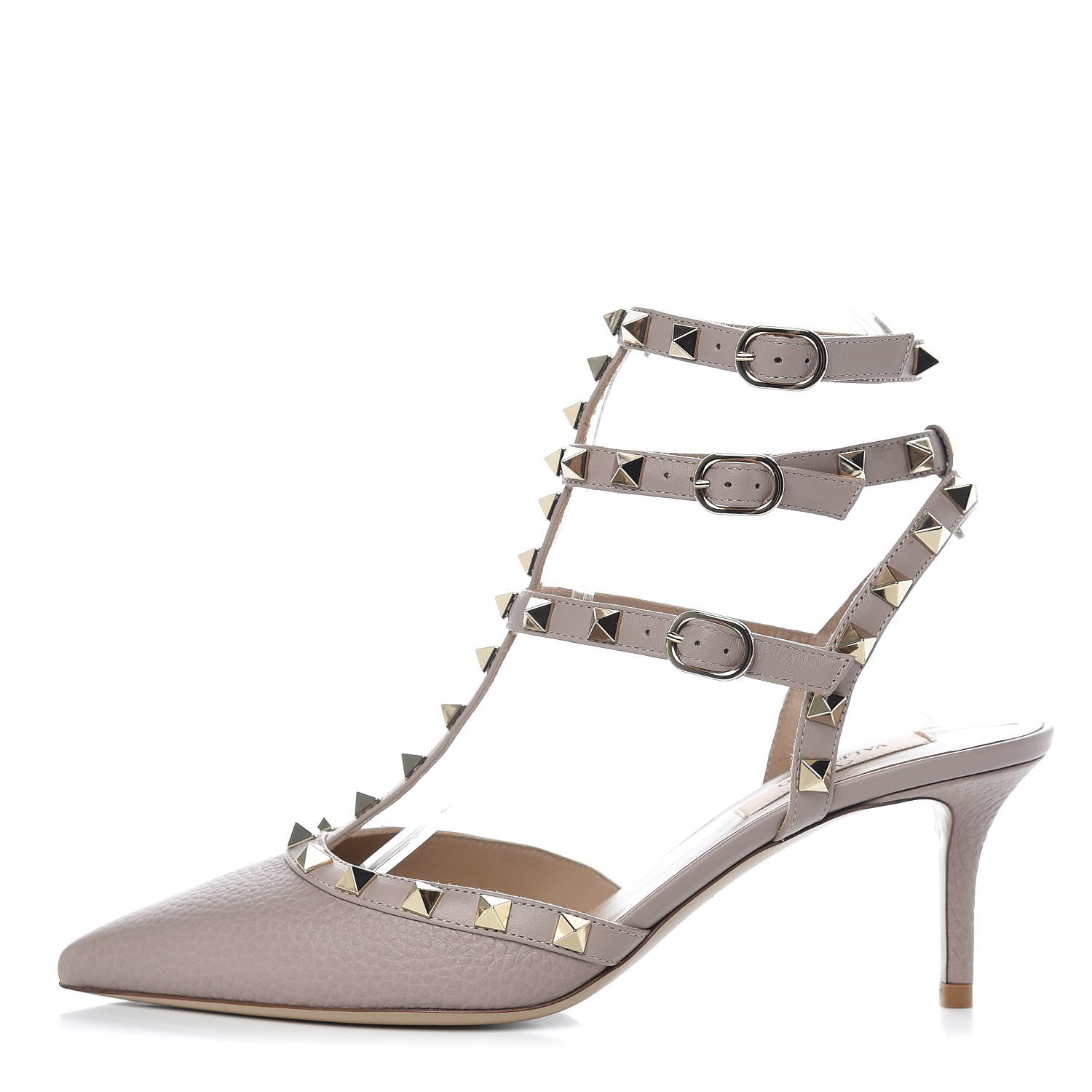 Valentino Garavani Pebbled Calfskin Rockstud Ankle Strap Low Heel Pumps 37.5 Poudre 1 of 10