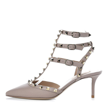 Valentino Garavani Pebbled Calfskin Rockstud Ankle Strap Low Heel Pumps 37.5 Poudre 1 of 10