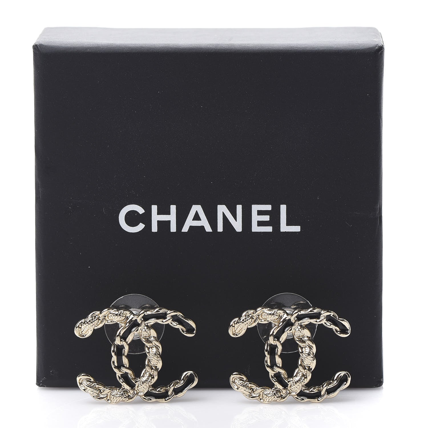 Chanel Enamel Metal Chain French New Wave CC Earrings Black Gold 5 of 5