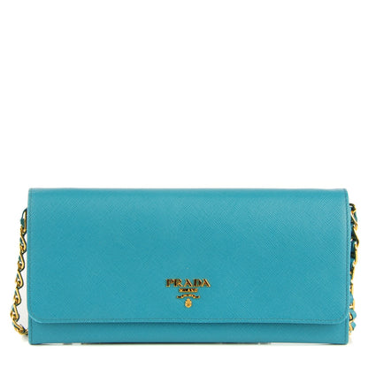 Prada Saffiano Metal Oro Chain Wallet Turchese 1 of 9