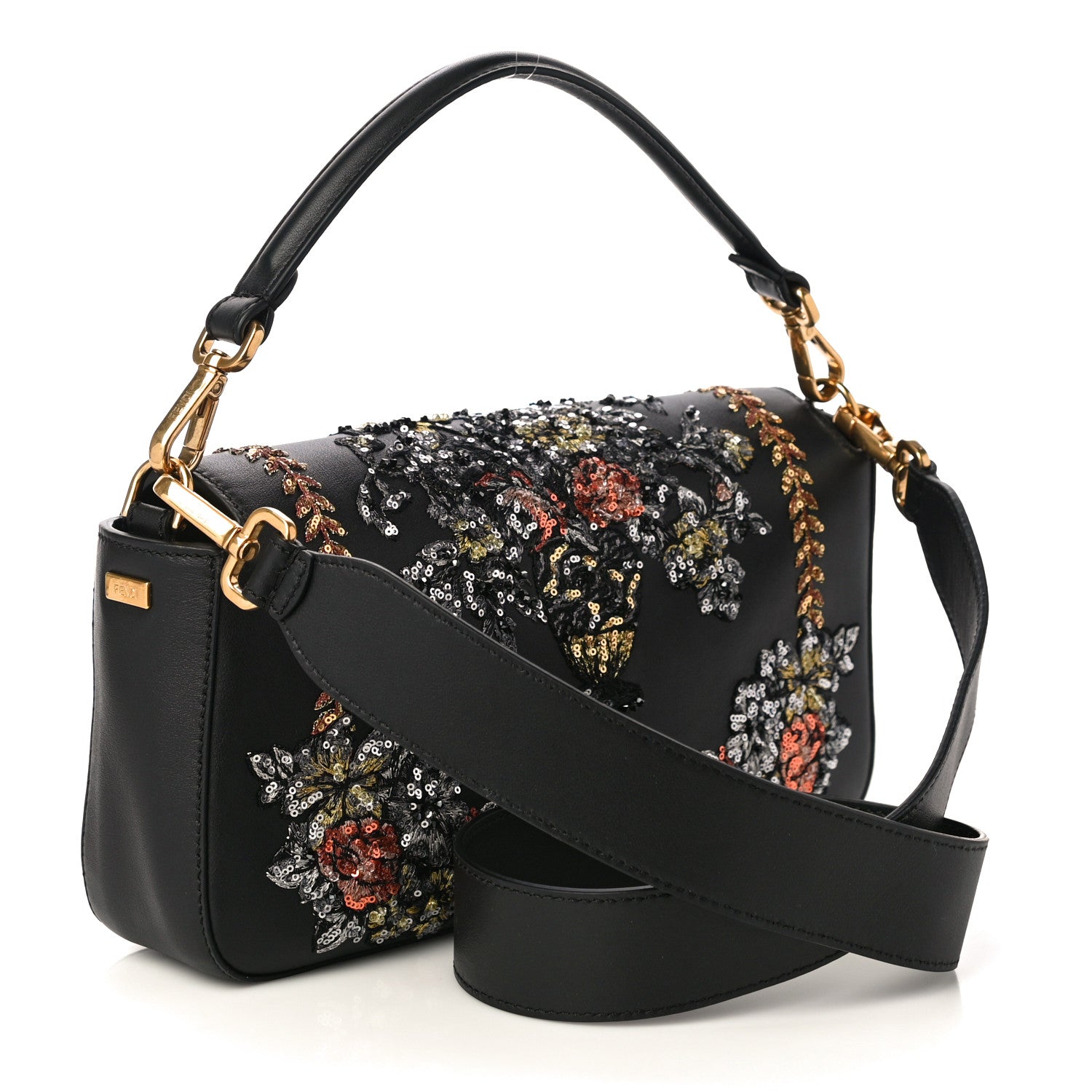 Fendi Calfskin Embroidered Baguette Black 2 of 9