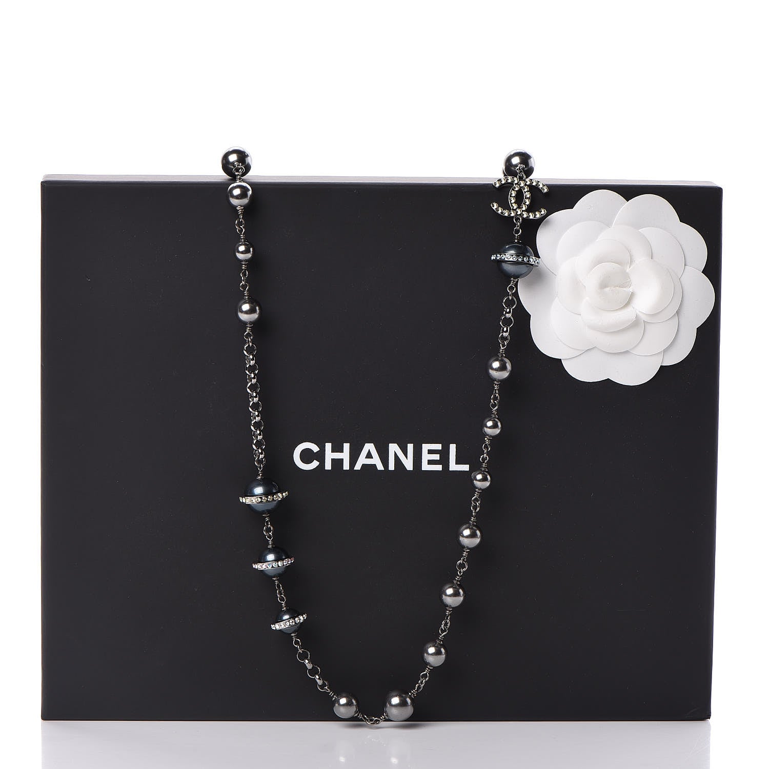Chanel Crystal Pearl Beaded CC Long Necklace Grey 9 of 9