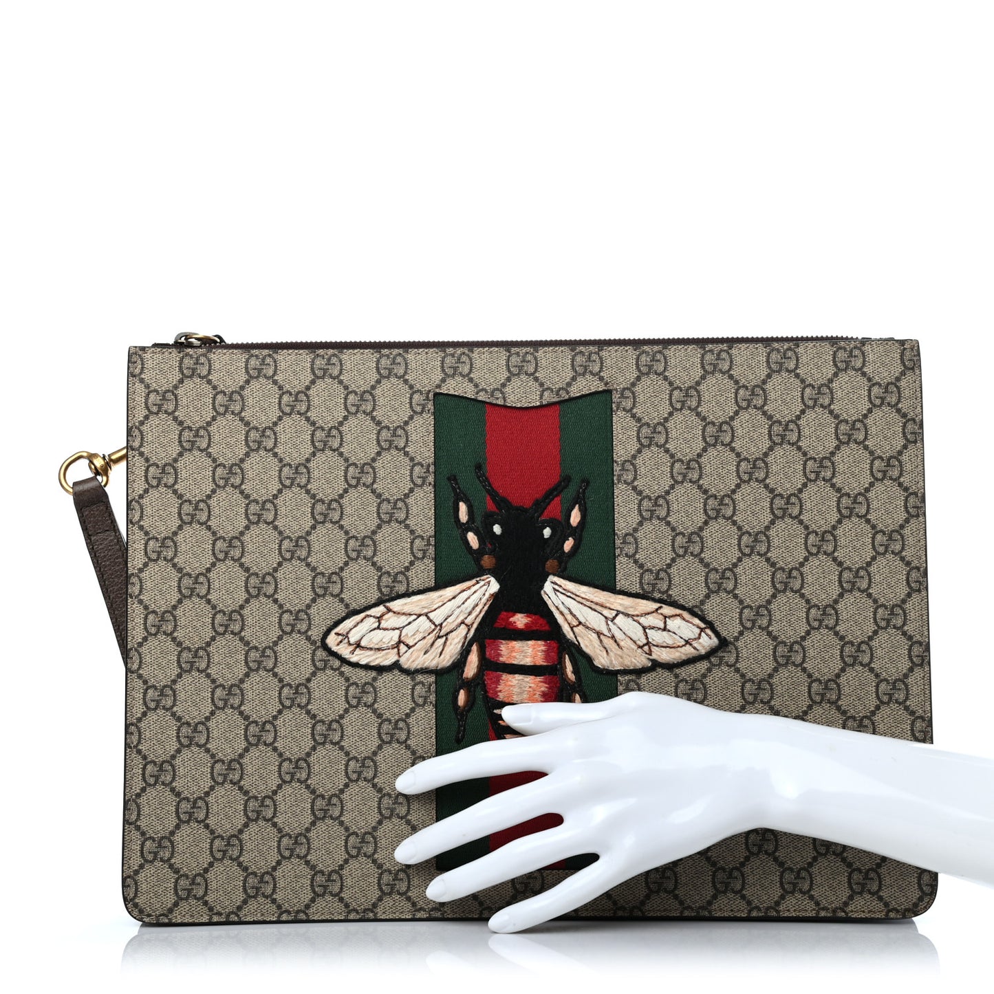 GG Supreme Monogram Web Animalier Bee Embroidered Medium Documents Holder Beige New Acero