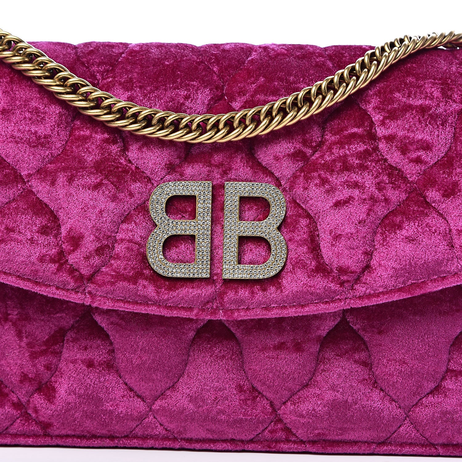Balenciaga Crushed Velvet Crystal Mattress Quilted BB Wallet On Chain Fuchsia 11 of 11