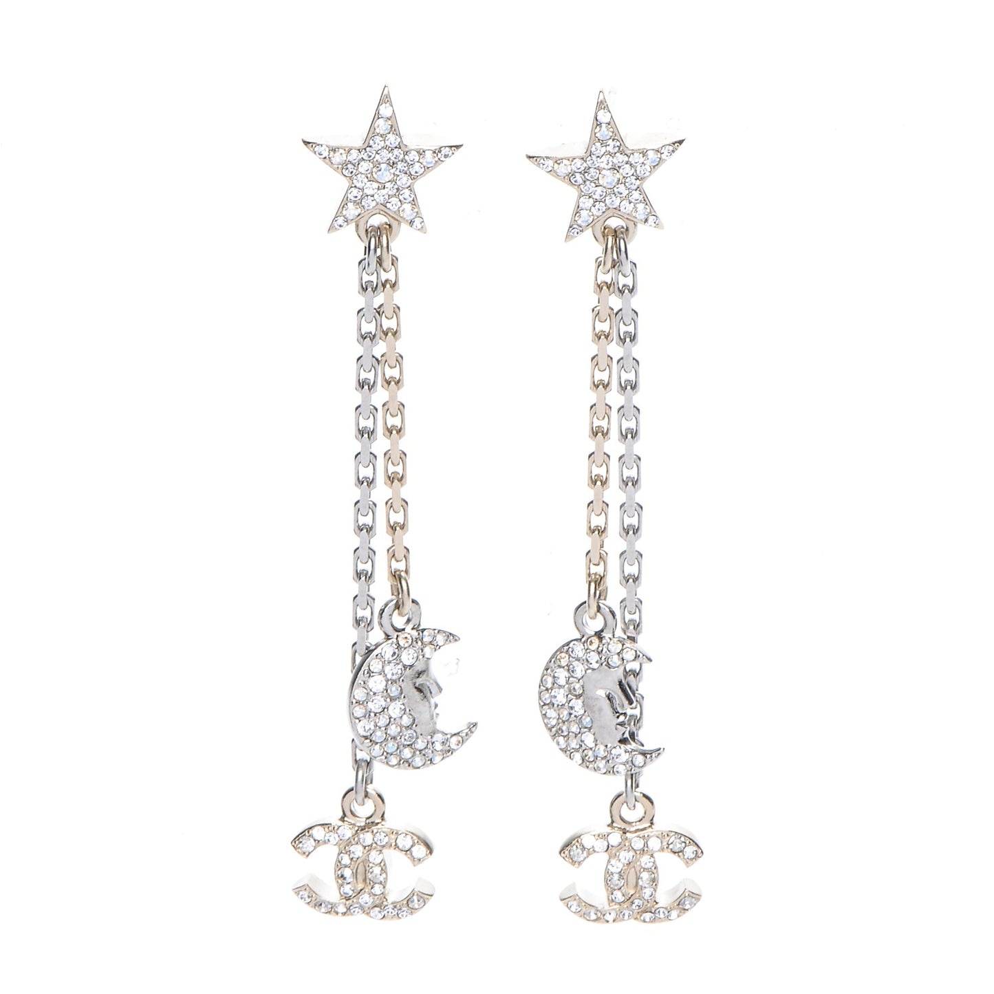 Crystal CC Star Moon Dangle Earrings Silver Gold