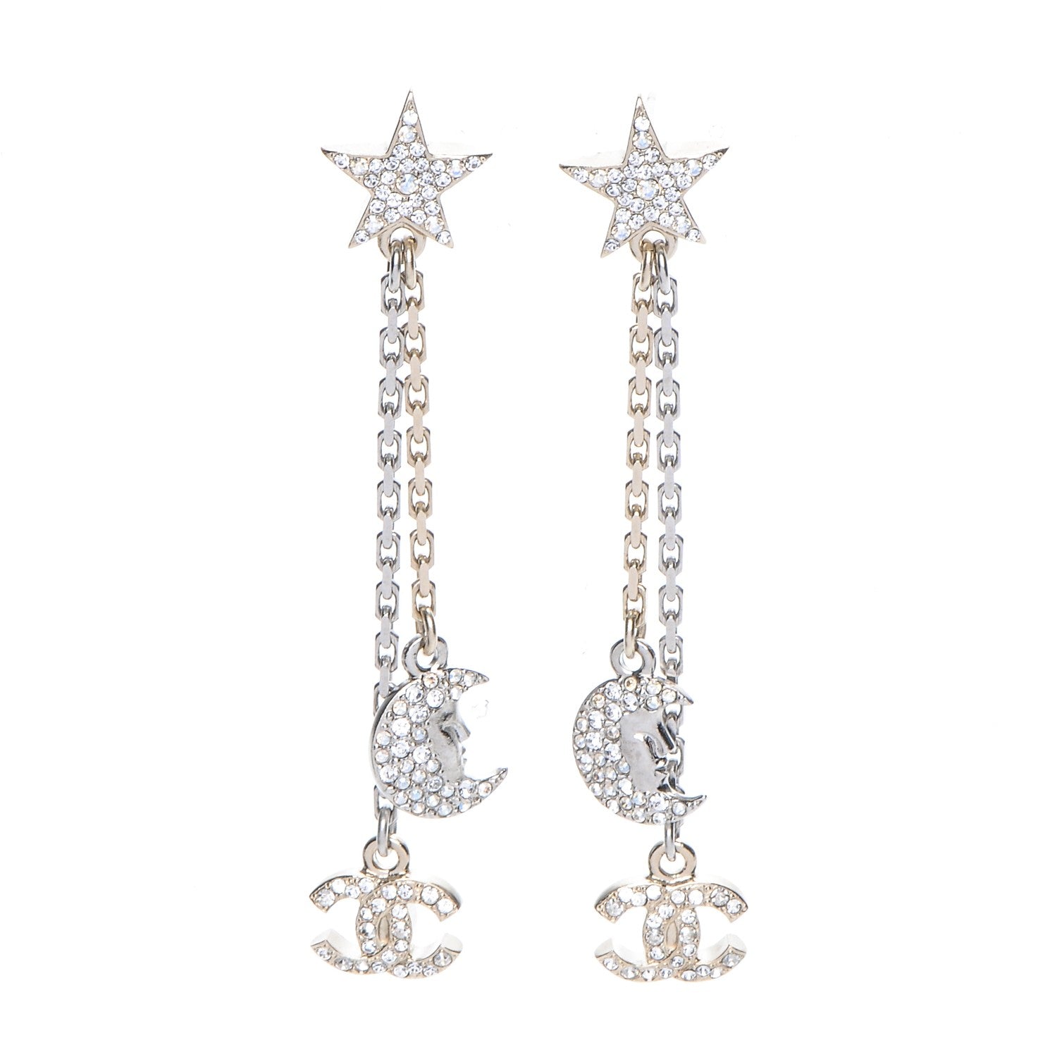 Chanel Crystal CC Star Moon Dangle Earrings Silver Gold 1 of 5