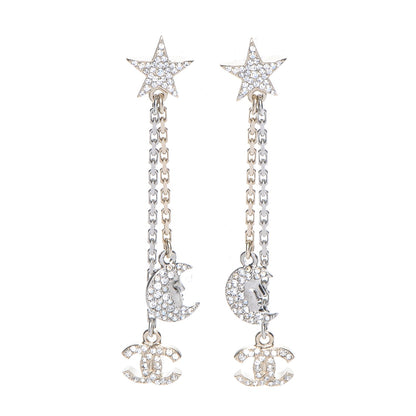 Chanel Crystal CC Star Moon Dangle Earrings Silver Gold 1 of 5
