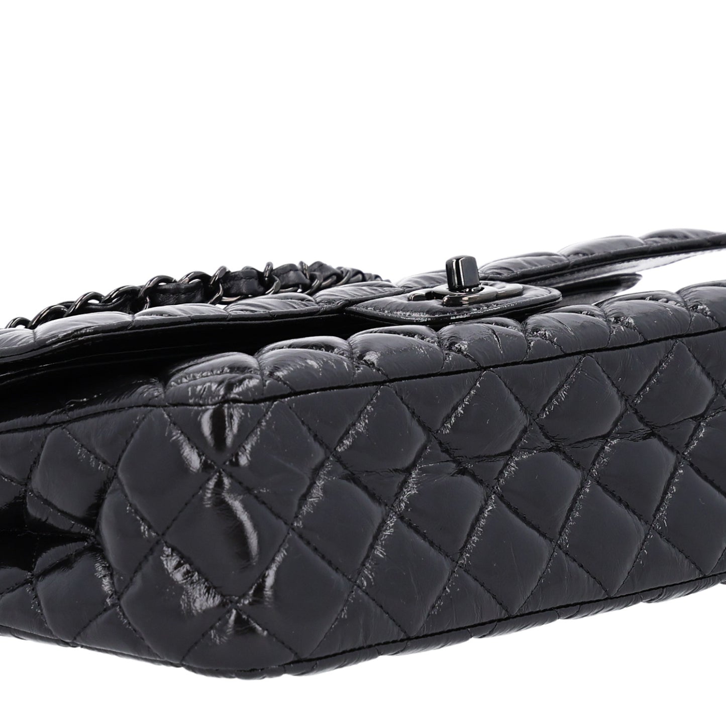 Shiny Crumpled Calfskin Quilted Medium Double Flap So Black