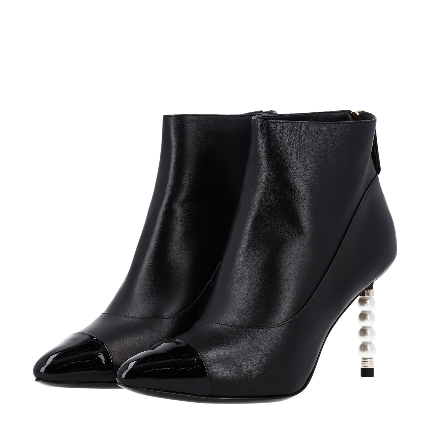 Lambskin Patent Calfskin Pearl Cap Toe Short Boots 36 Black