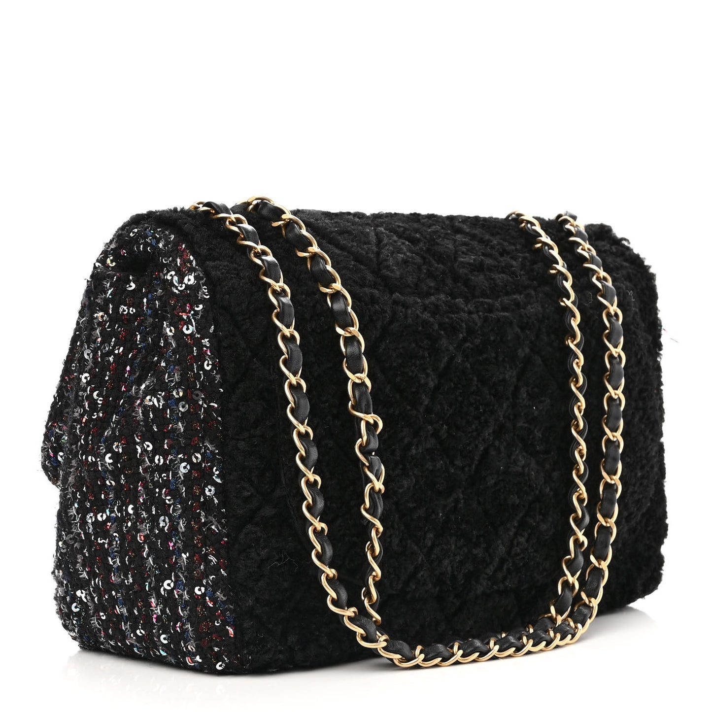 Shearling Sequin Tweed Quilted Jumbo Flap Black