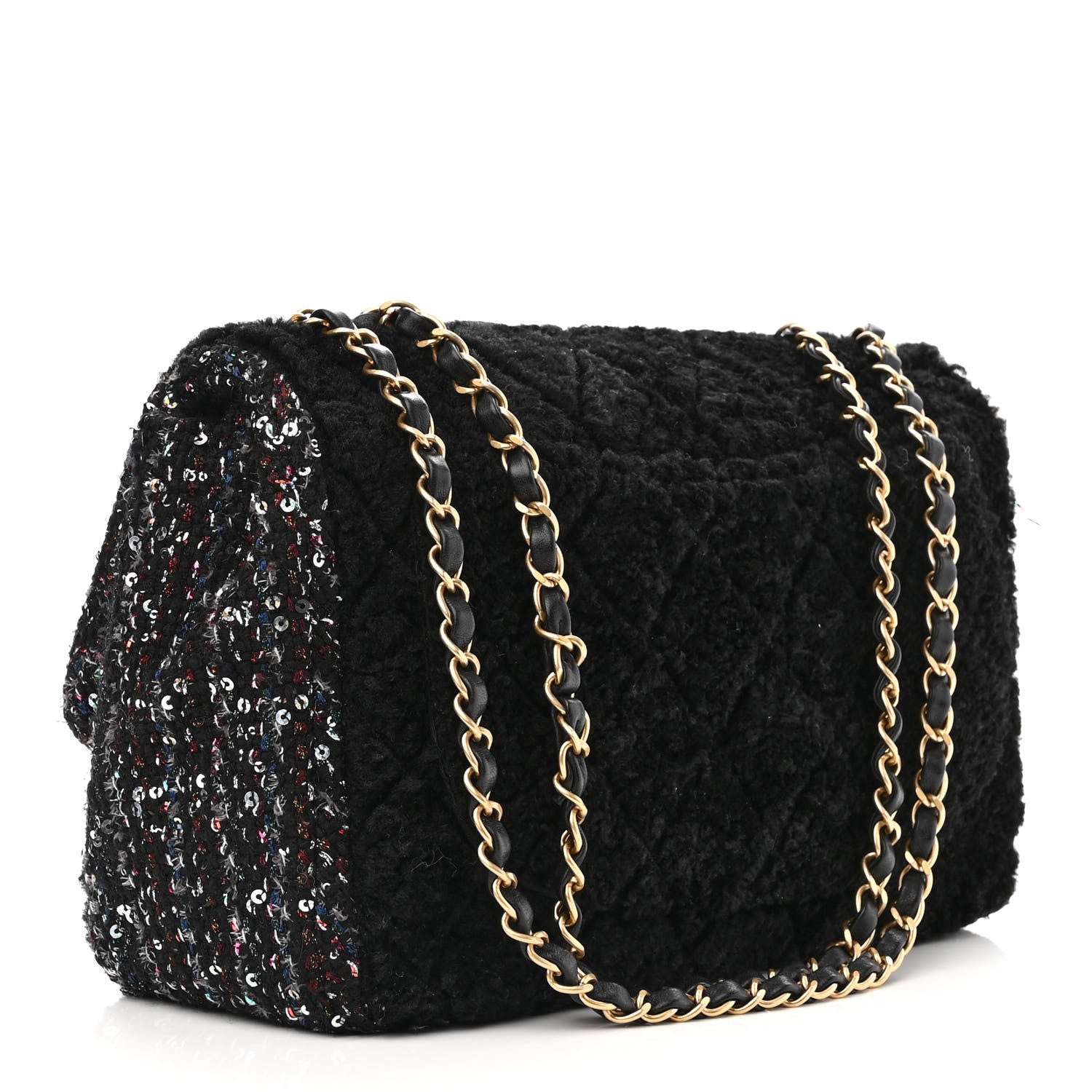 Chanel Shearling Sequin Tweed Quilted Jumbo Flap Black 3 of 14