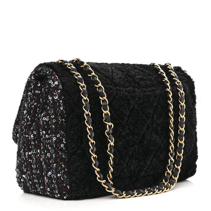 Chanel Shearling Sequin Tweed Quilted Jumbo Flap Black 3 of 14