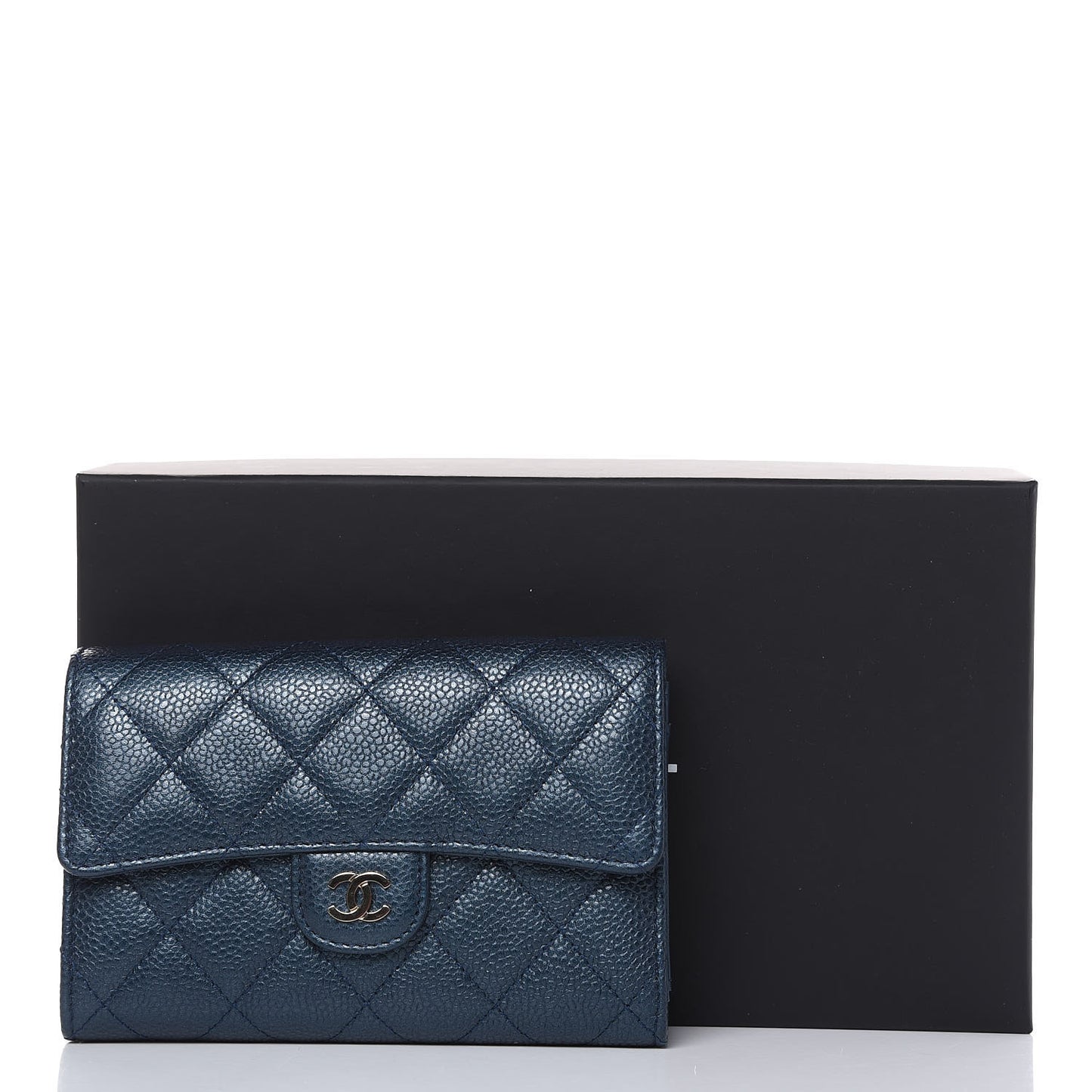 Iridescent Caviar Quilted Medium Flap Wallet Dark Blue