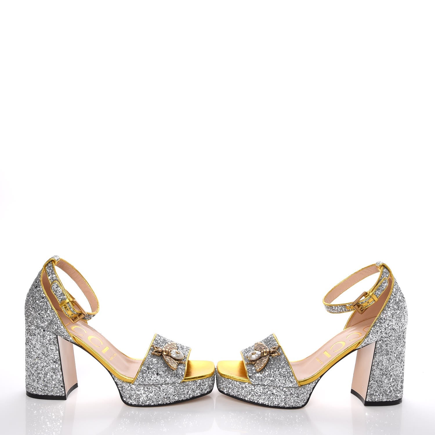 Gucci Glitter Soko Bee Platform Mid Heel Sandals 38.5 Argento Oro Vecchio 5 of 10