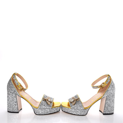 Gucci Glitter Soko Bee Platform Mid Heel Sandals 38.5 Argento Oro Vecchio 5 of 10