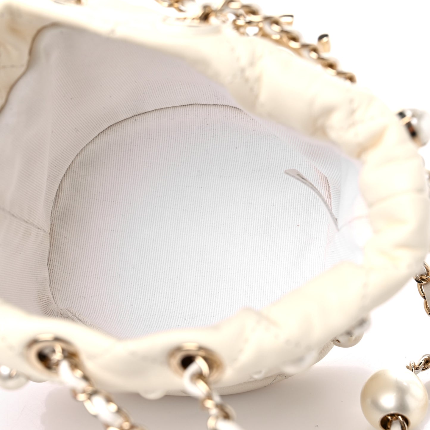 Lambskin Quilted Pearl Mini About Pearls Drawstring Bag White
