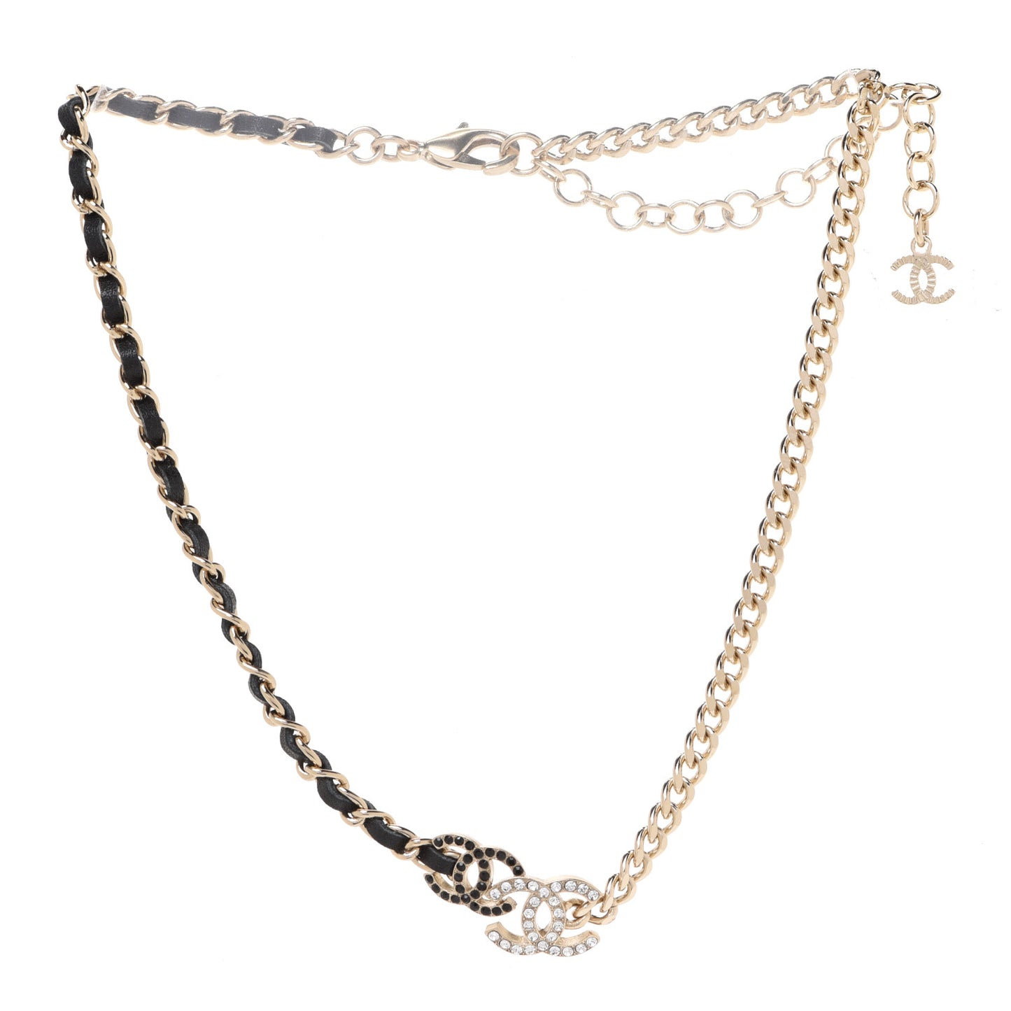 Metal Calfskin Crystal Double CC Short Necklace Black Gold