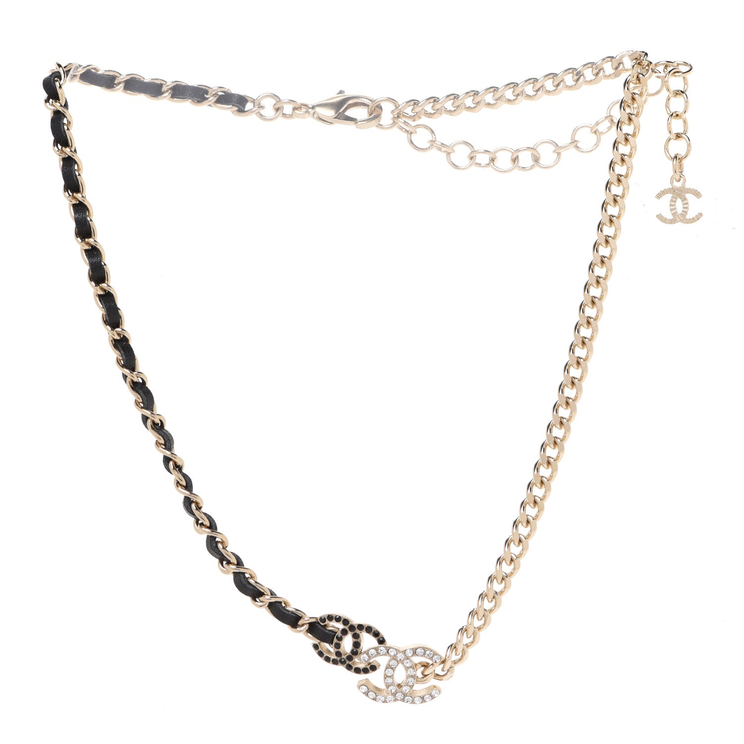 Chanel Metal Calfskin Crystal Double CC Short Necklace Black Gold 3 of 6