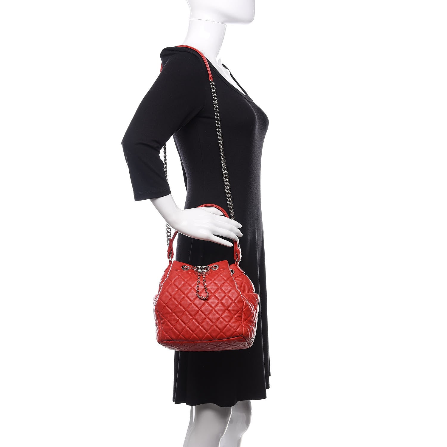 Chanel Lambskin Quilted Small CC Chain Drawstring Bucket Bag Red 2 of 15