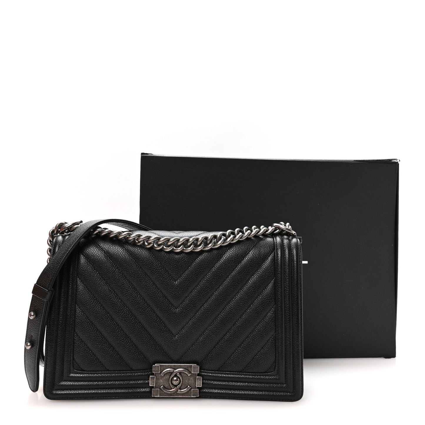 Calfskin Chevron Quilted New Medium Boy Flap Black