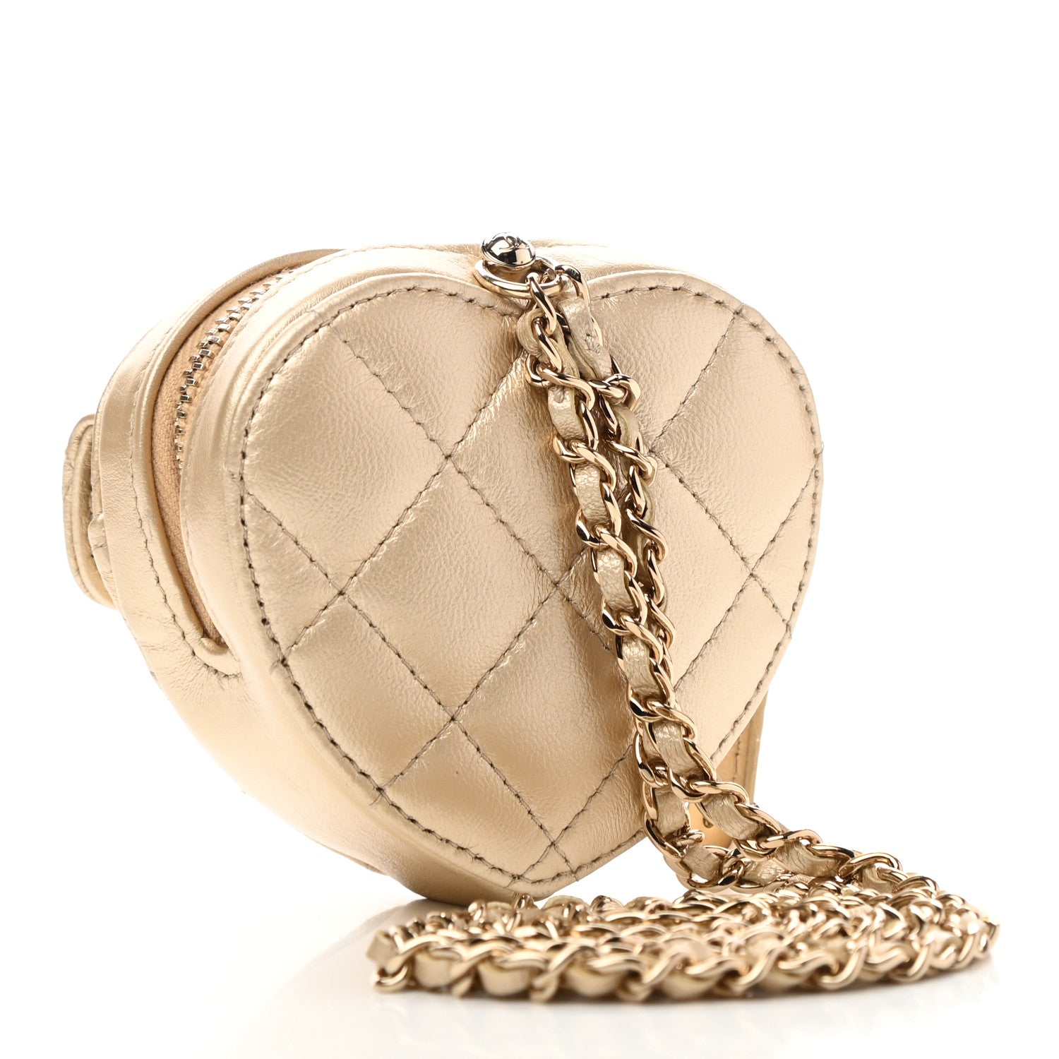 Chanel Metallic Lambskin Quilted CC In Love Heart Coin Purse With Chain Gold 3 of 11