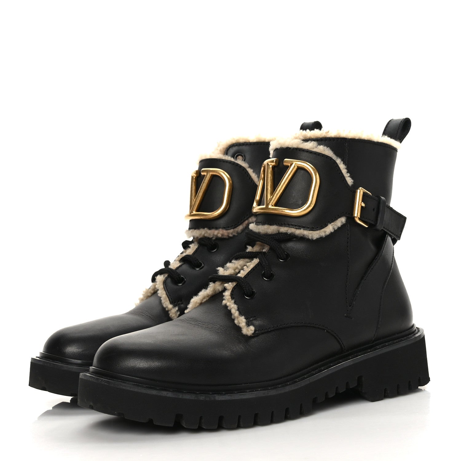 Valentino Garavani Calfskin Shearling Womens VLOGO 35mm Combat Boots 37.5 Black 3 of 7
