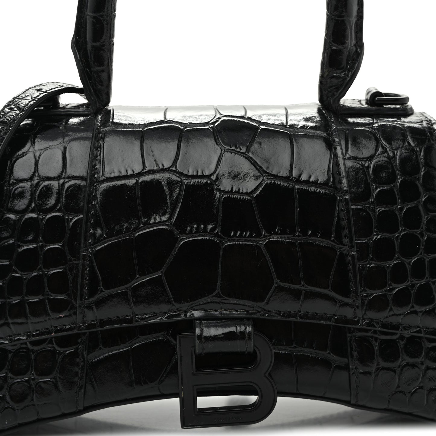 Shiny Calfskin Monochrome Crocodile Embossed Hourglass Top Handle Bag XS Black