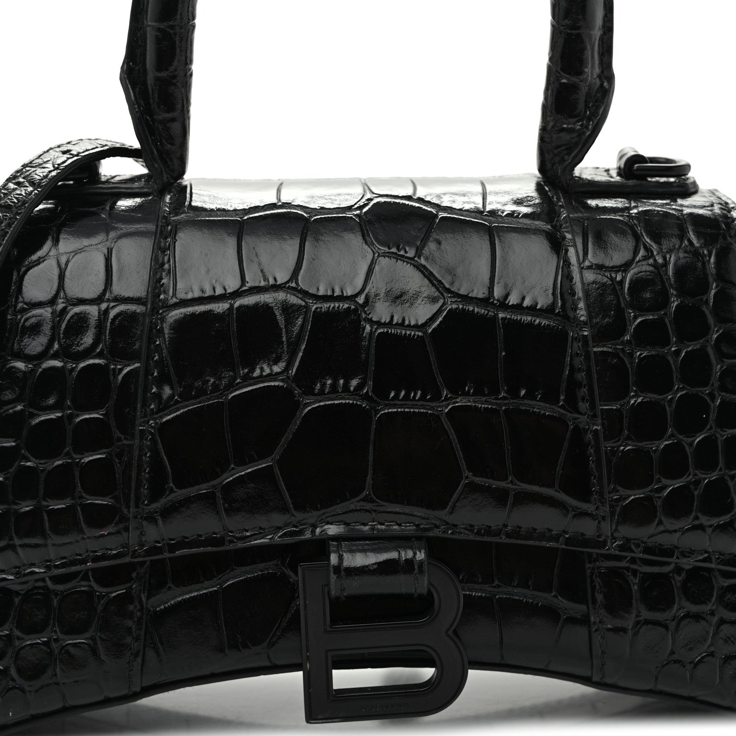 Balenciaga Shiny Calfskin Monochrome Crocodile Embossed Hourglass Top Handle Bag XS Black 7 of 10