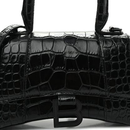 Balenciaga Shiny Calfskin Monochrome Crocodile Embossed Hourglass Top Handle Bag XS Black 7 of 10