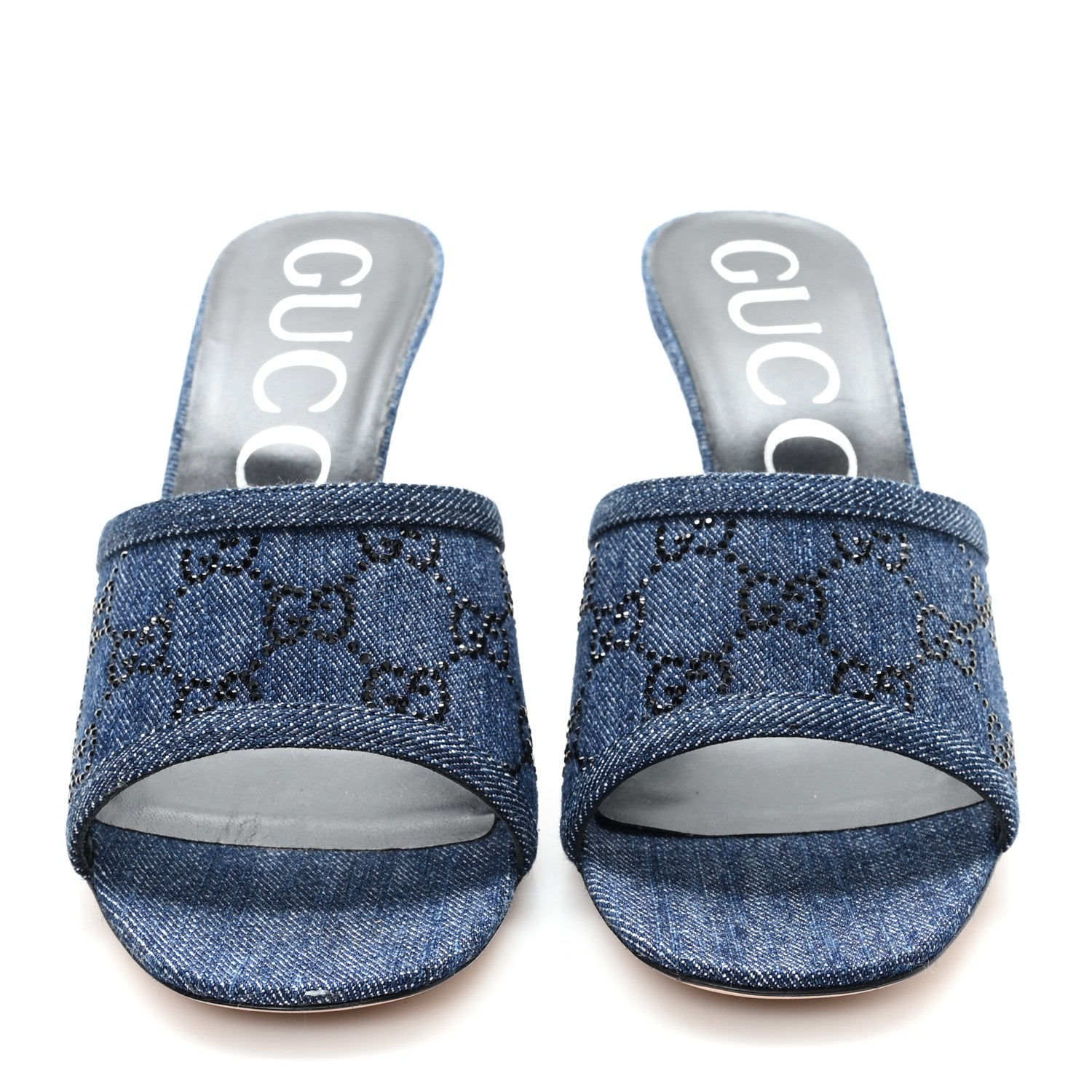 Gucci Denim Crystal GG Monogram Mules 40 Blue 3 of 10