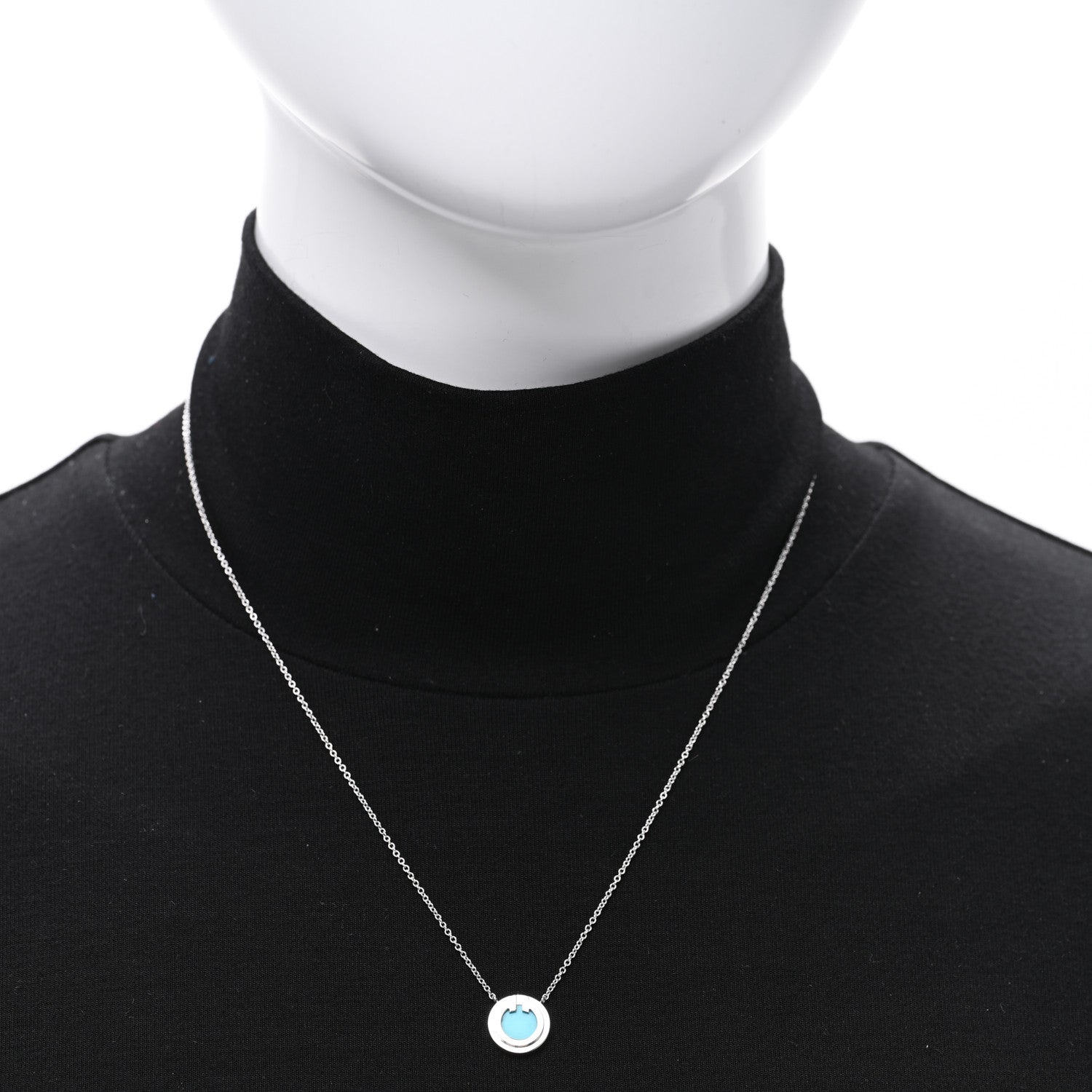 Tiffany 18K White Gold Turquoise T Circle Pendant Necklace 2 of 5