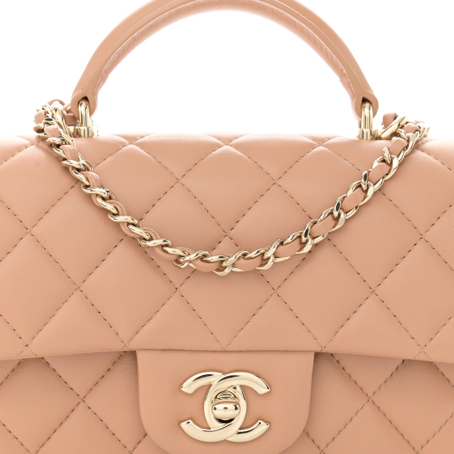 Lambskin Quilted Mini Top Handle Rectangular Flap Beige