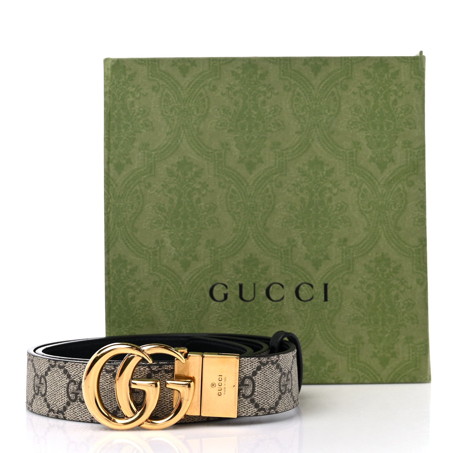 Gucci GG Supreme Monogram Plutone Calfskin Double G Reversible 30mm Belt 85 34 Beige Ebony Black 5 of 5