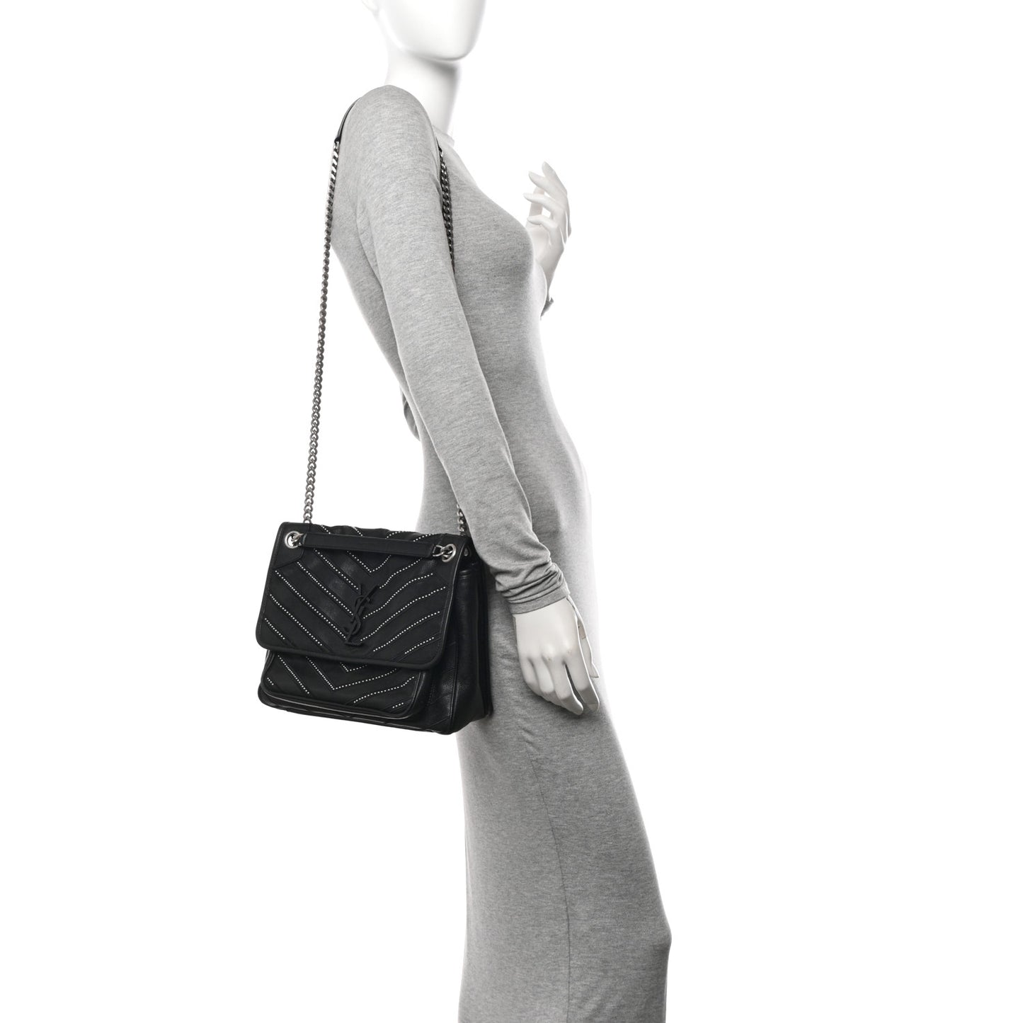 Calfskin Matelasse Monogram Microstud Medium Niki Chain Satchel Black