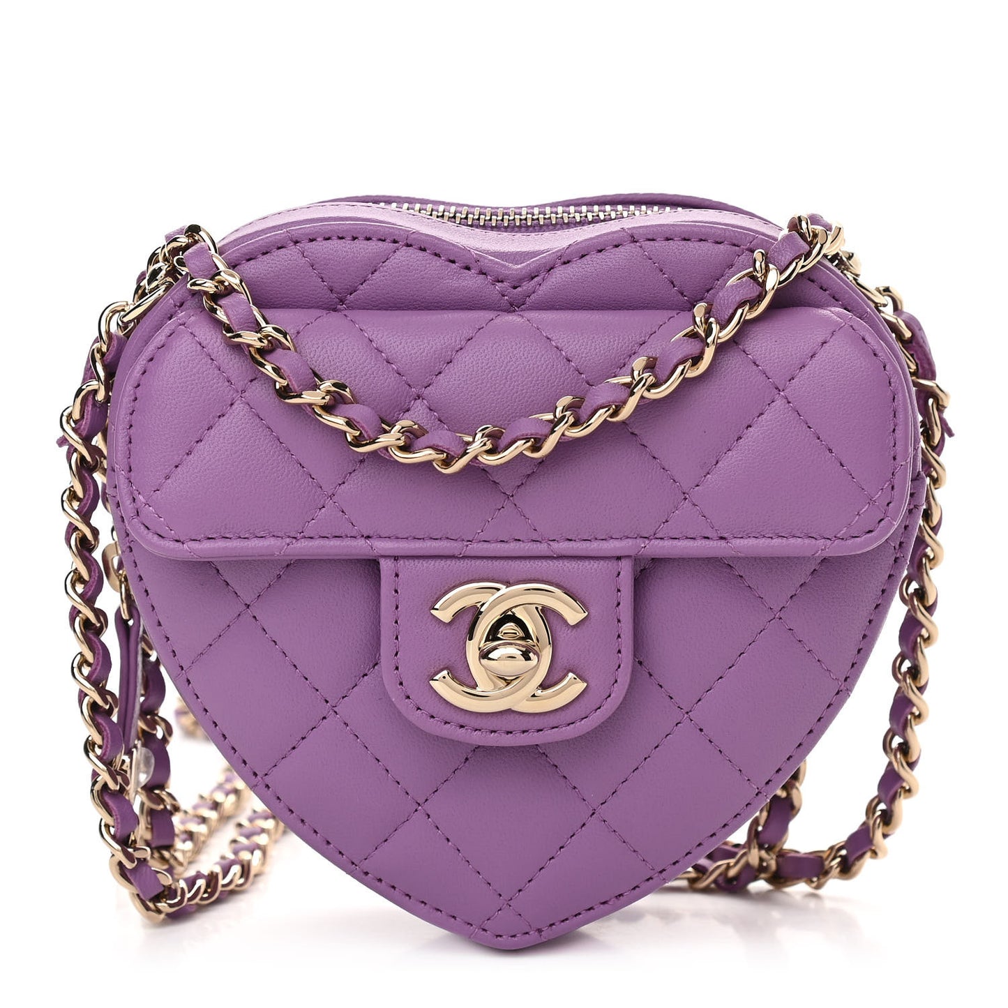 Lambskin Quilted CC In Love Heart Clutch With Chain Purple