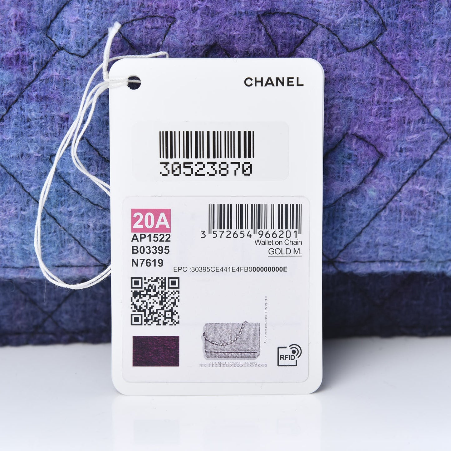 Tweed Quilted CC Wallet On Chain WOC Purple