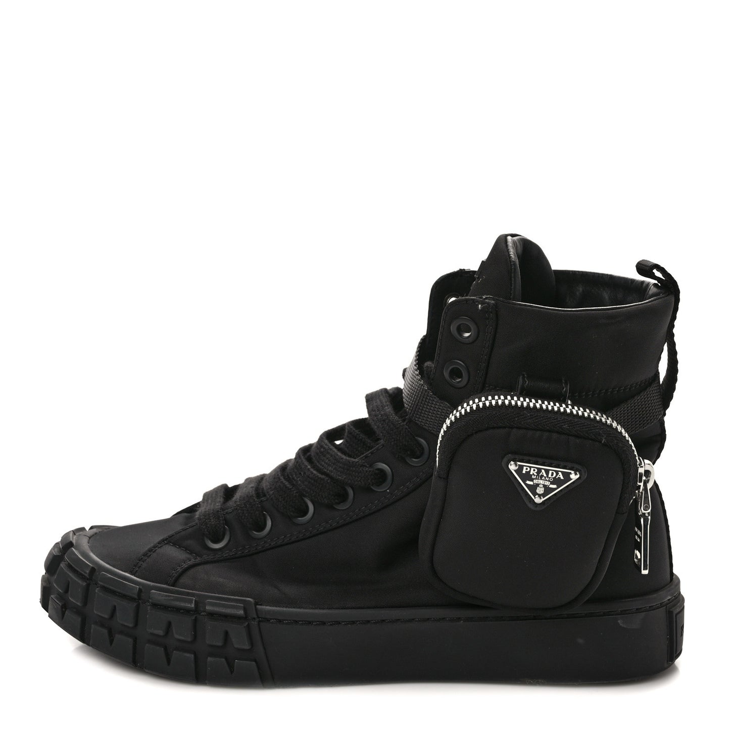 Re-Nylon Gabardine Metal Triangle Logo Wheel Pouch Pocket High Top Sneakers 37.5 Black