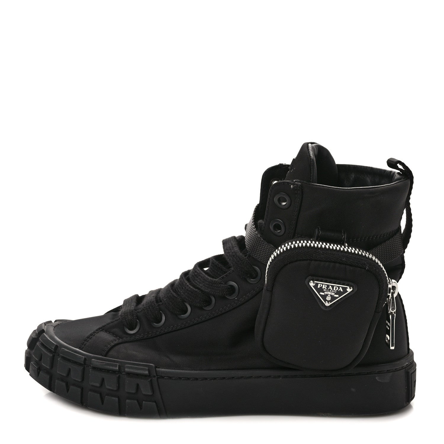 Prada Re-Nylon Gabardine Metal Triangle Logo Wheel Pouch Pocket High Top Sneakers 37.5 Black 1 of 10