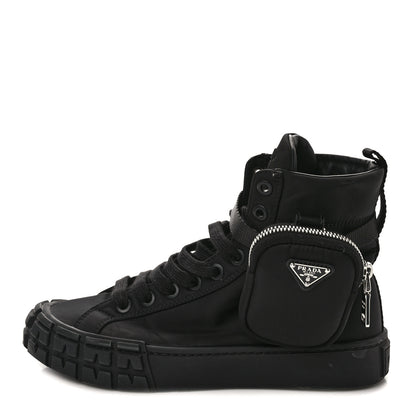 Prada Re-Nylon Gabardine Metal Triangle Logo Wheel Pouch Pocket High Top Sneakers 37.5 Black 1 of 10