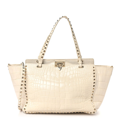 Valentino Garavani Calfskin Crocodile Embossed Medium Rockstud Tote Ivory 1 of 12