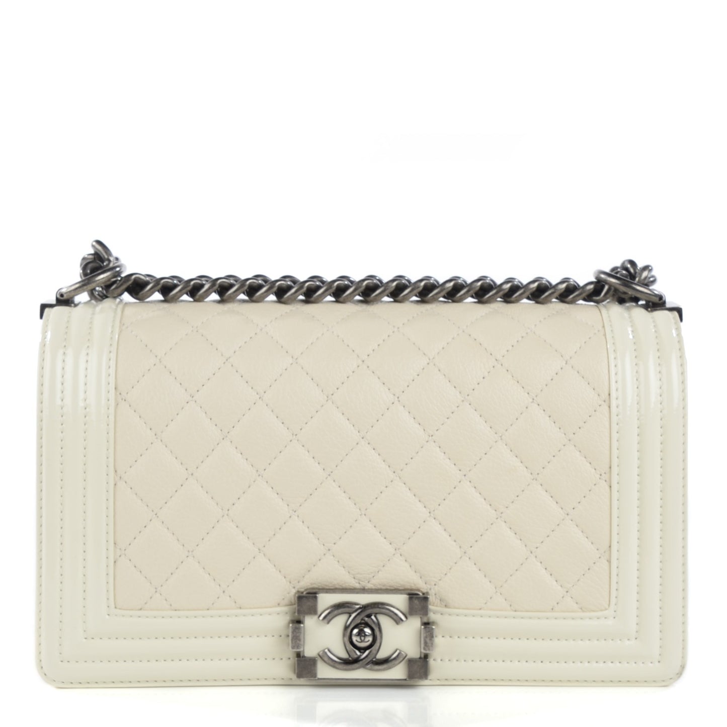 Goatskin Quilted Patent Medium Duo Boy Flap Ecru