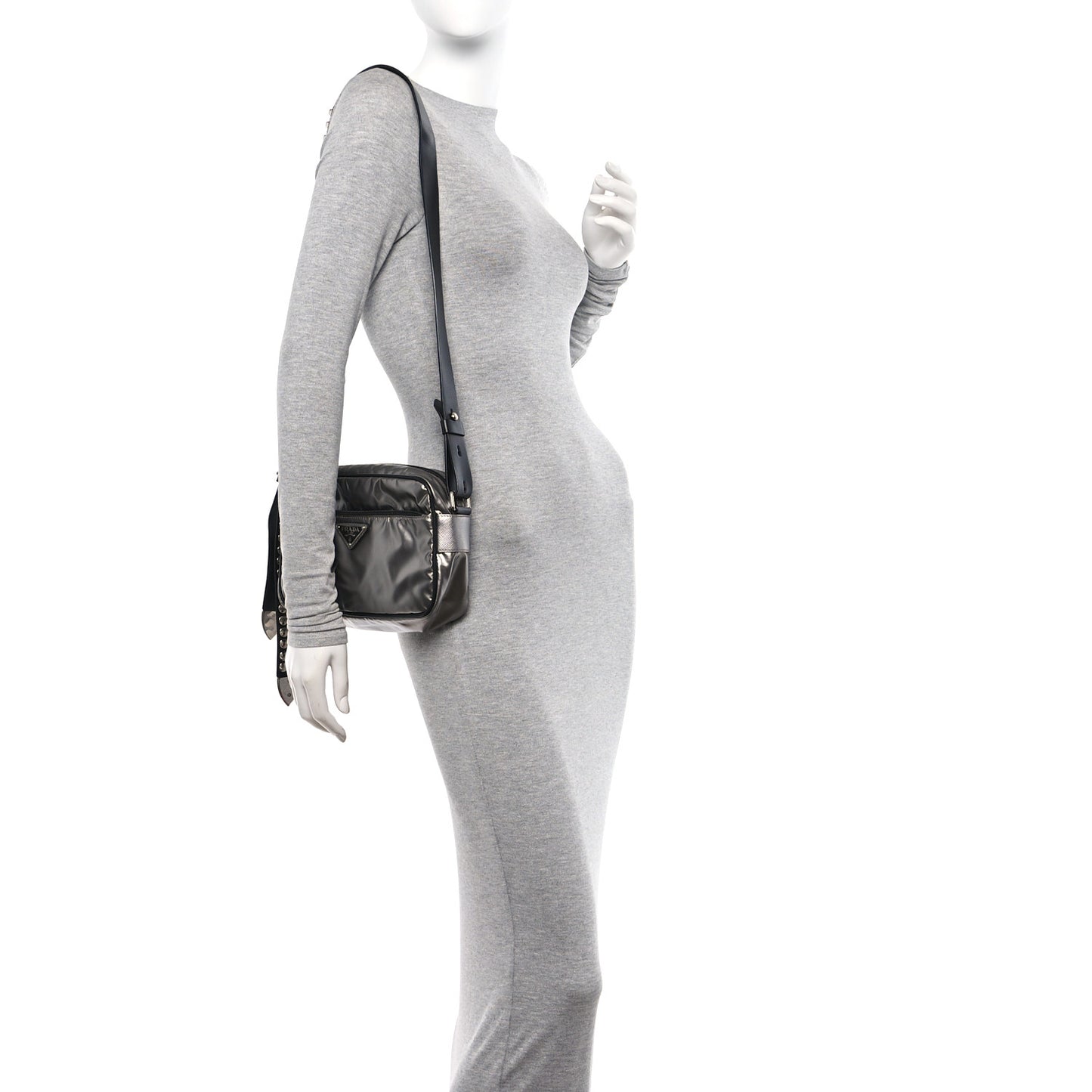 Metallic Tessuto Nylon Metal Studded Shoulder Bag Ferro Black
