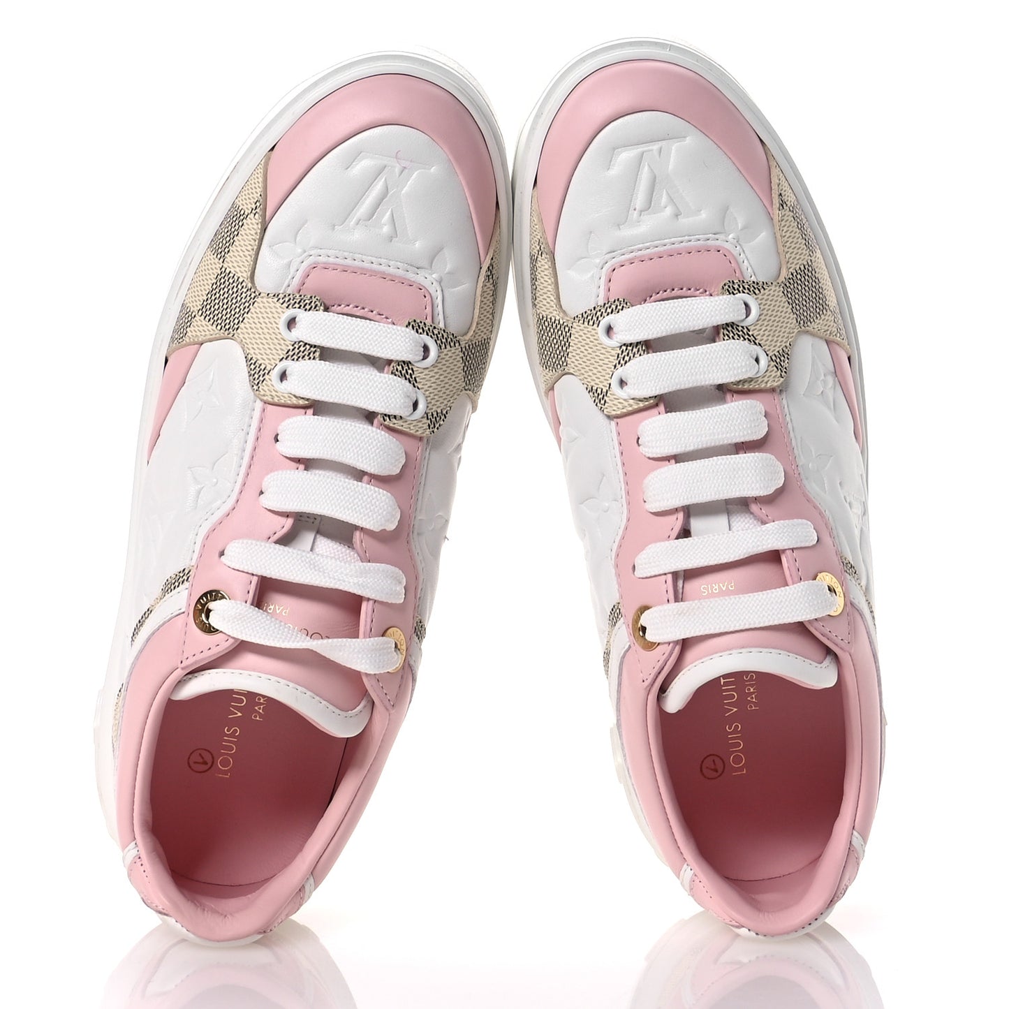 Monogram Embossed Calfskin Damier Azur Time Out Sneakers 37.5 Rose Clair Pink